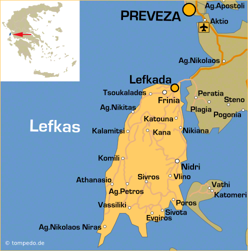 Landkarte von Lefkas, auch Lefkada genannt