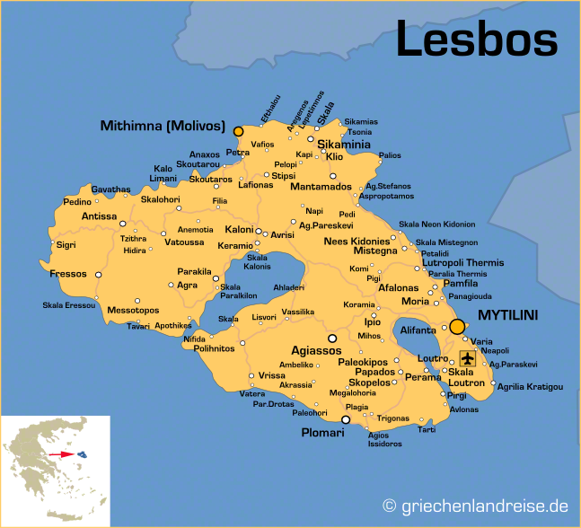 Landkarte von Lesbos, der bekanntesten Insel der Nordostägäis