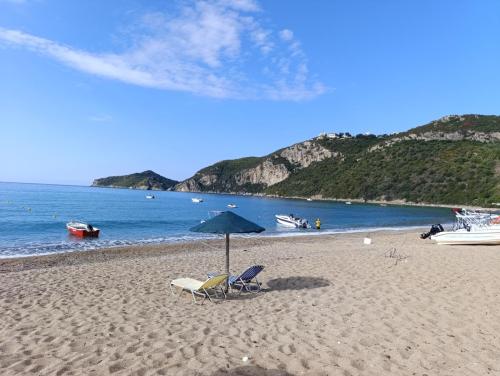 Der Sandstrand von Agios Georgios.