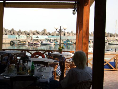 Ausblick von der Taverna Panorama auf den Fischhafen.
